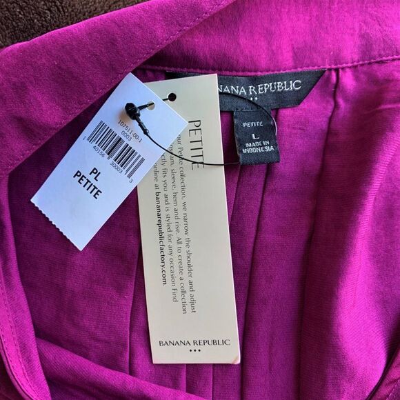 Banana Republic Women Top Petite Size PL Purple Tie Collar Sleeveless Office - Picture 8 of 8